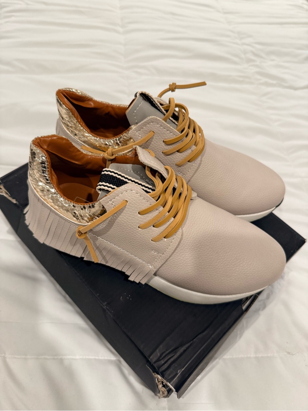 ShuShop Pepa Beige Sneakers with Gold Accent and Tan Laces